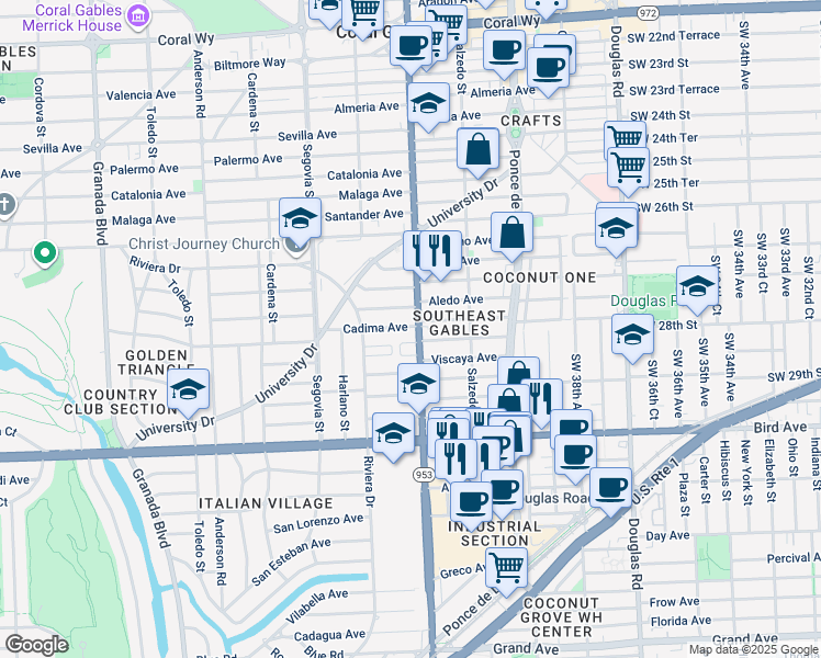 map of restaurants, bars, coffee shops, grocery stores, and more near 345 Alesio Avenue in Coral Gables