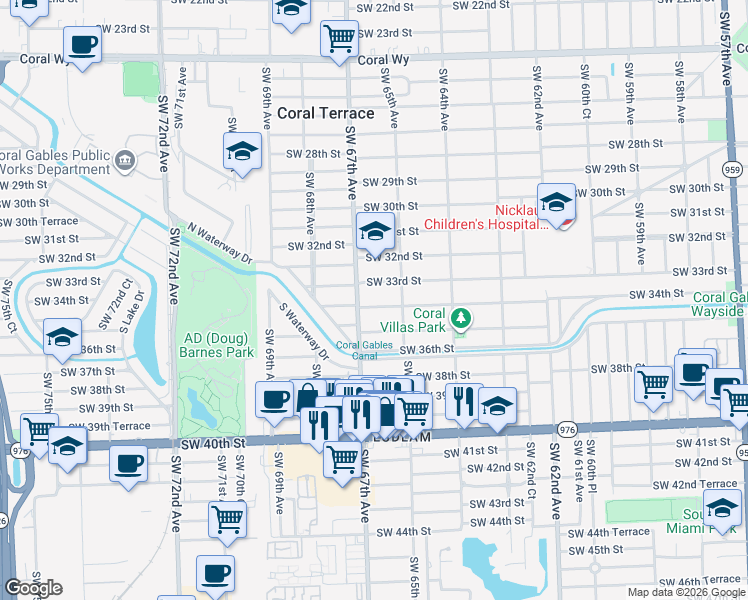 map of restaurants, bars, coffee shops, grocery stores, and more near 6571 Southwest 34th Street in Miami