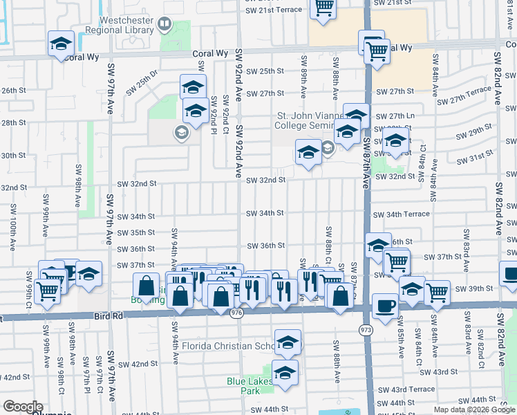 map of restaurants, bars, coffee shops, grocery stores, and more near 9111 Southwest 34th Street in Miami