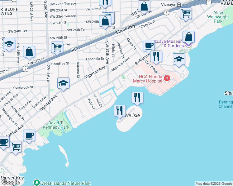 map of restaurants, bars, coffee shops, grocery stores, and more near 1700 South Bayshore Lane in Miami