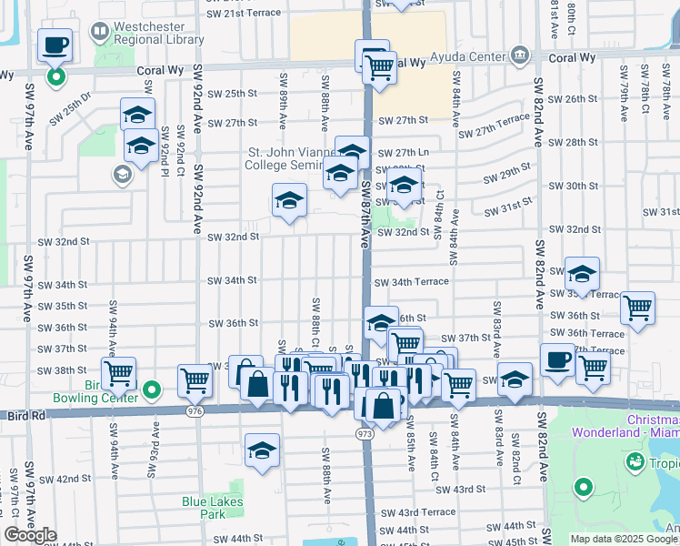 map of restaurants, bars, coffee shops, grocery stores, and more near 8761 Southwest 34th Street in Miami