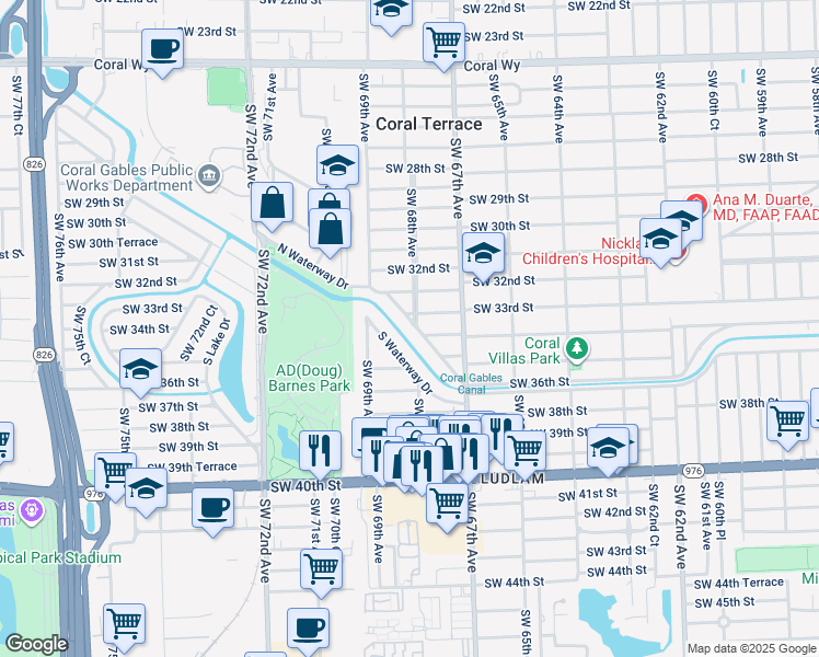 map of restaurants, bars, coffee shops, grocery stores, and more near 6810 North Waterway Drive in Miami