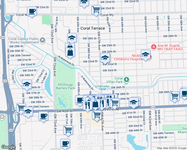 map of restaurants, bars, coffee shops, grocery stores, and more near 6745 Southwest 34th Street in Miami