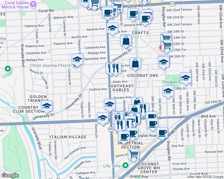 map of restaurants, bars, coffee shops, grocery stores, and more near 345 Alesio Avenue in Coral Gables