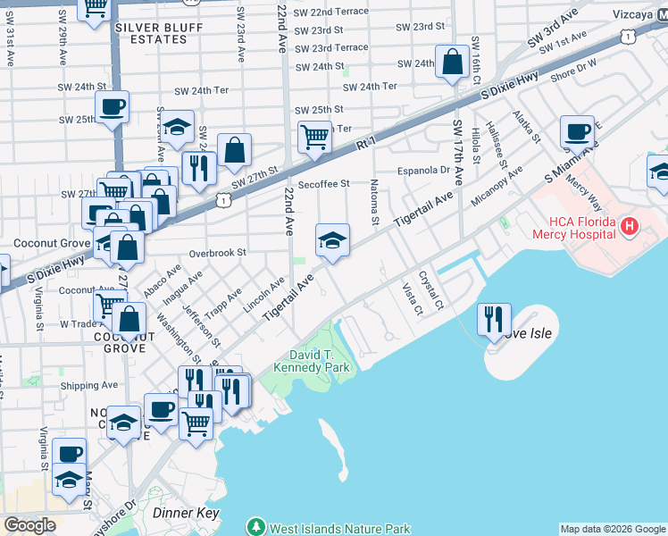 map of restaurants, bars, coffee shops, grocery stores, and more near 2045 South Bayshore Drive in Miami