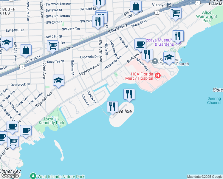 map of restaurants, bars, coffee shops, grocery stores, and more near 1700 South Bayshore Lane in Miami