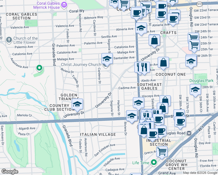 map of restaurants, bars, coffee shops, grocery stores, and more near 3520 Segovia Street in Coral Gables