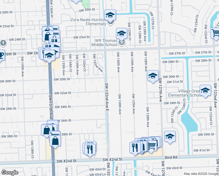 map of restaurants, bars, coffee shops, grocery stores, and more near 3181 Southwest 132nd Avenue in Miami