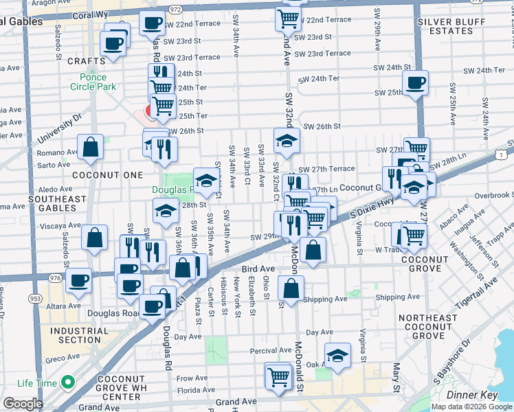 map of restaurants, bars, coffee shops, grocery stores, and more near 2820 Southwest 33rd Court in Miami