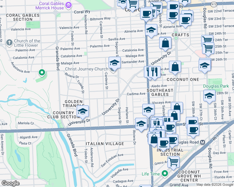 map of restaurants, bars, coffee shops, grocery stores, and more near 3520 Segovia Street in Coral Gables