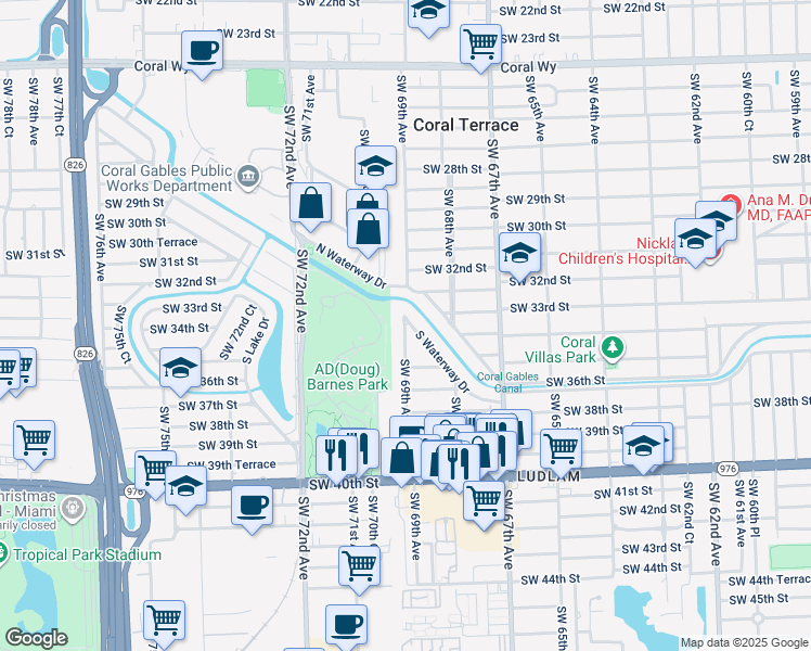 map of restaurants, bars, coffee shops, grocery stores, and more near 3322 Southwest 69th Avenue in Miami