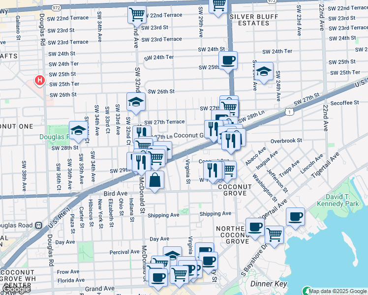 map of restaurants, bars, coffee shops, grocery stores, and more near 3000 Southwest 28th Lane in Miami
