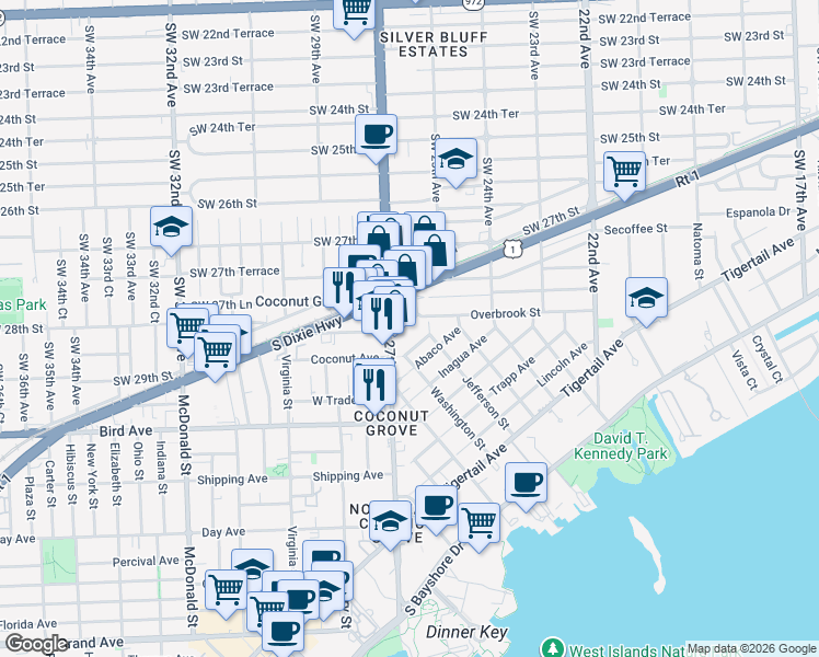 map of restaurants, bars, coffee shops, grocery stores, and more near 2630 Southwest 28th Street in Miami