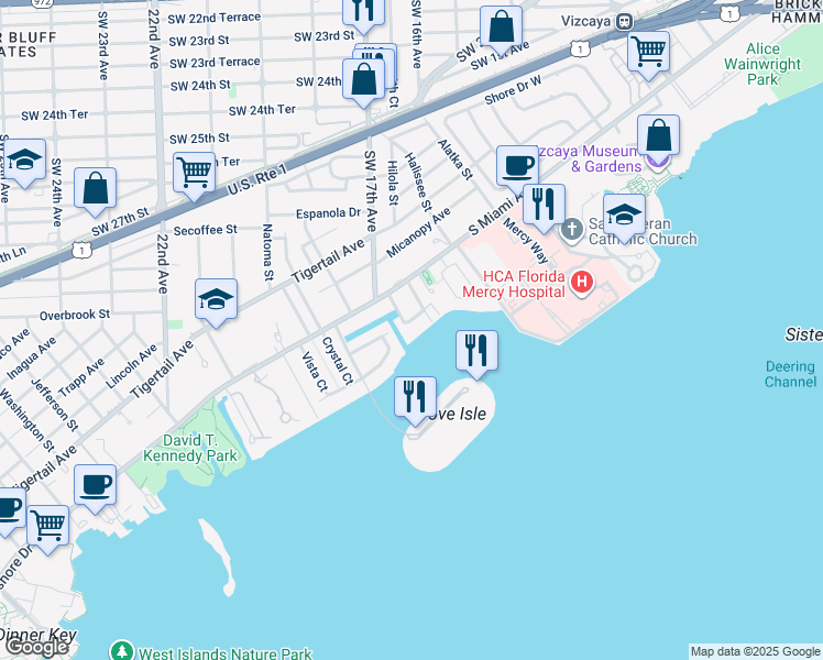 map of restaurants, bars, coffee shops, grocery stores, and more near 1700 South Bayshore Lane in Miami