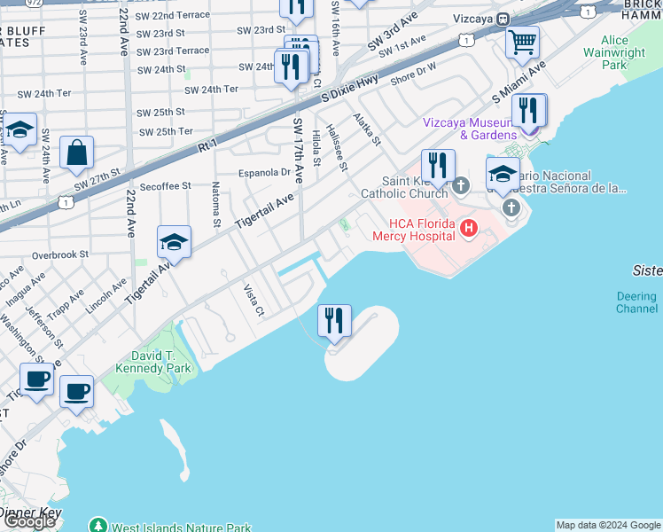 map of restaurants, bars, coffee shops, grocery stores, and more near 1700 South Bayshore Lane in Miami