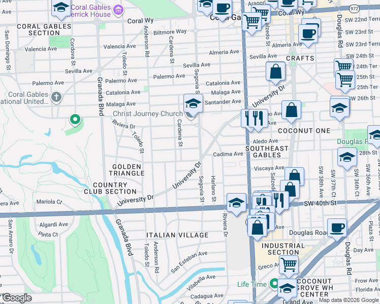 map of restaurants, bars, coffee shops, grocery stores, and more near 3520 Segovia Street in Coral Gables