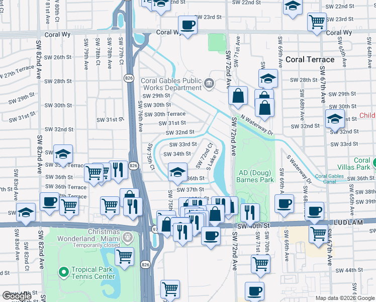 map of restaurants, bars, coffee shops, grocery stores, and more near 7370 Southwest 34th Street in Miami