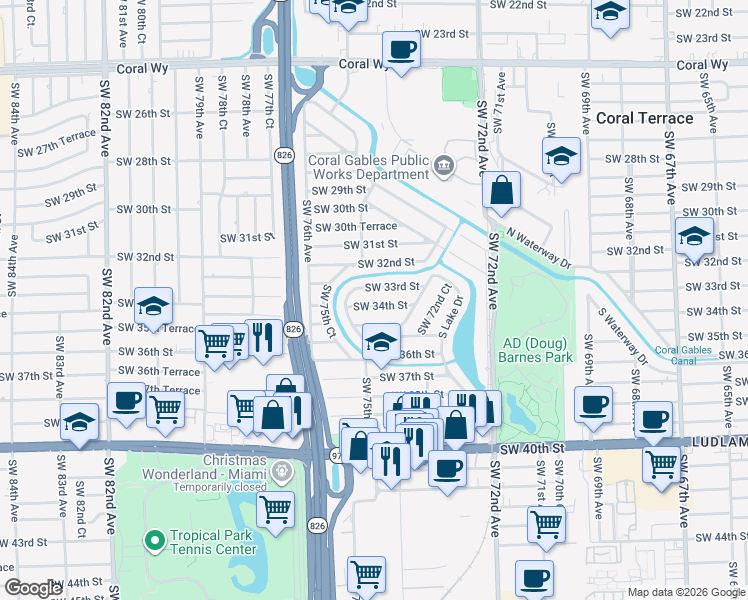 map of restaurants, bars, coffee shops, grocery stores, and more near 7430 Southwest 34th Street in Miami