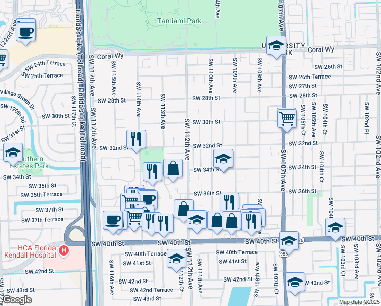 map of restaurants, bars, coffee shops, grocery stores, and more near 11205 Southwest 33rd Circle Place in Miami