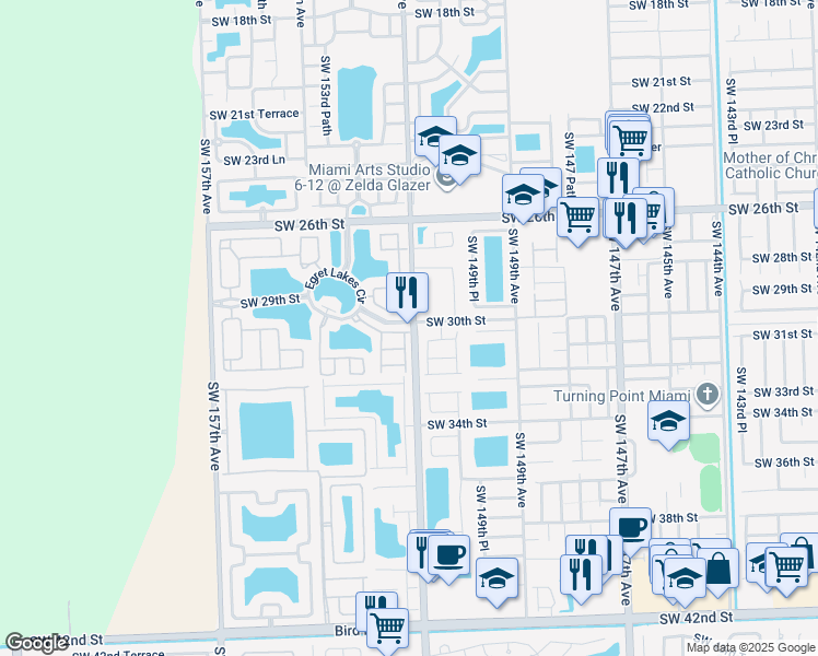map of restaurants, bars, coffee shops, grocery stores, and more near 15218 Southwest 30th Terrace in Miami
