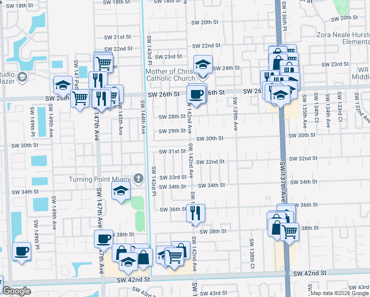 map of restaurants, bars, coffee shops, grocery stores, and more near 3141 Southwest 142nd Avenue in Miami