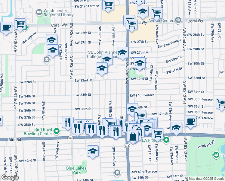 map of restaurants, bars, coffee shops, grocery stores, and more near 8852 Southwest 34th Street in Miami