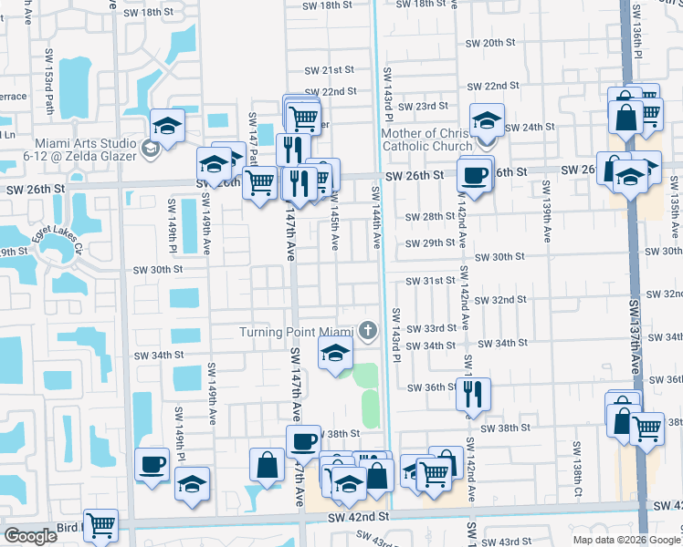 map of restaurants, bars, coffee shops, grocery stores, and more near 3103 Southwest 144th Avenue in Miami