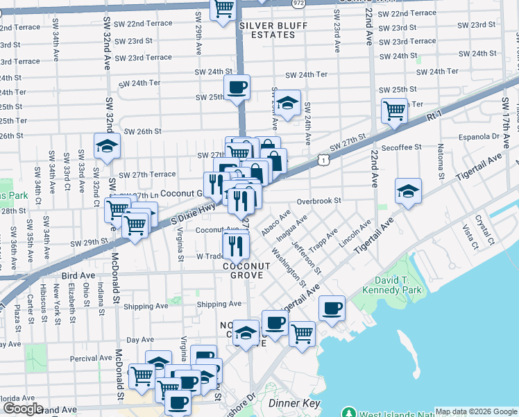 map of restaurants, bars, coffee shops, grocery stores, and more near 2525 Andros Avenue in Miami