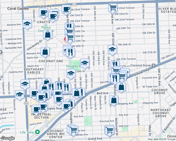 map of restaurants, bars, coffee shops, grocery stores, and more near 2812 Southwest 35th Avenue in Miami