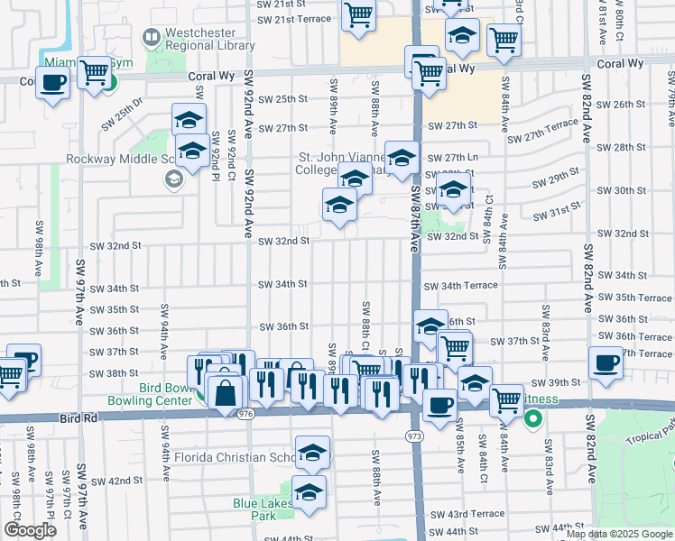 map of restaurants, bars, coffee shops, grocery stores, and more near 8910 Southwest 34th Street in Miami