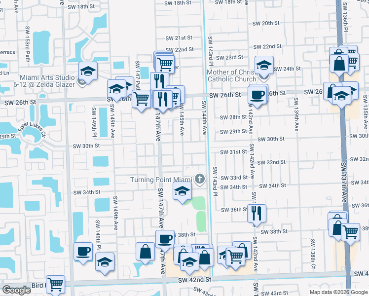 map of restaurants, bars, coffee shops, grocery stores, and more near 3103 Southwest 144th Avenue in Miami