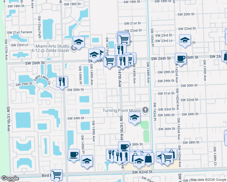 map of restaurants, bars, coffee shops, grocery stores, and more near 3083 Southwest 147th Place in Miami