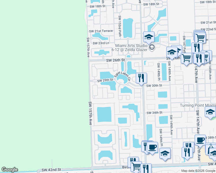 map of restaurants, bars, coffee shops, grocery stores, and more near 3061 Southwest 154th Place in Miami