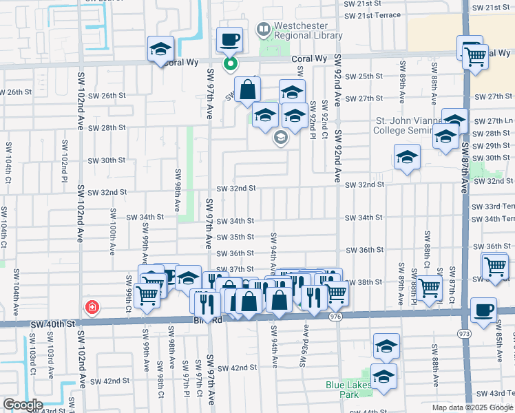 map of restaurants, bars, coffee shops, grocery stores, and more near 3341 Southwest 94th Place in Miami