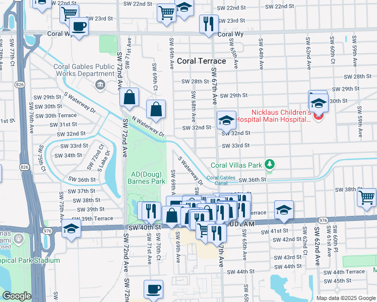 map of restaurants, bars, coffee shops, grocery stores, and more near 6810 North Waterway Drive in Miami