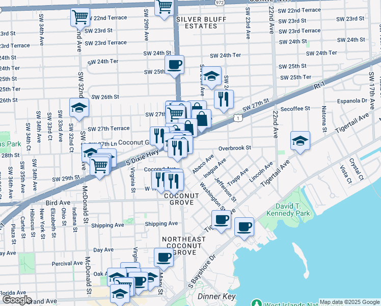 map of restaurants, bars, coffee shops, grocery stores, and more near 2630 Overbrook Street in Miami