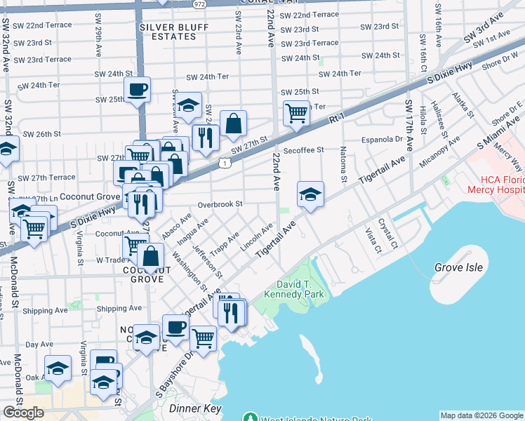 map of restaurants, bars, coffee shops, grocery stores, and more near 3075 Freeman Street in Miami