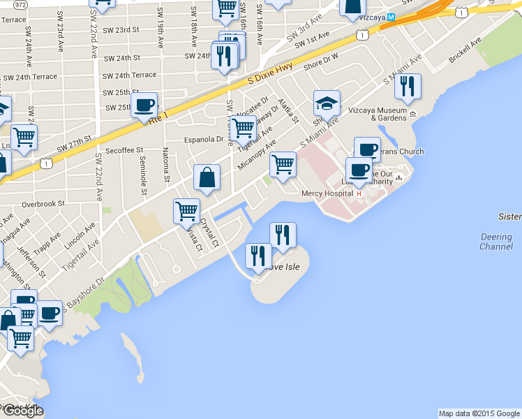 map of restaurants, bars, coffee shops, grocery stores, and more near 1700 South Bayshore Lane in Miami