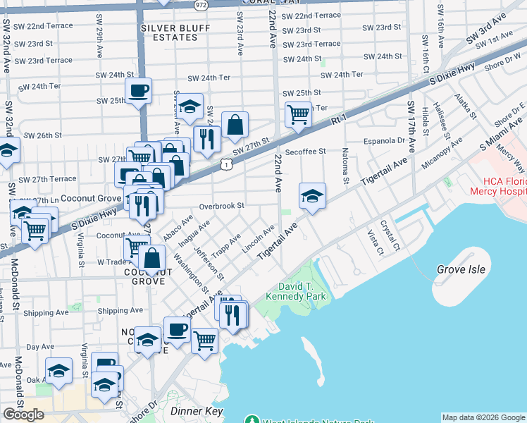 map of restaurants, bars, coffee shops, grocery stores, and more near 3075 Freeman Street in Miami