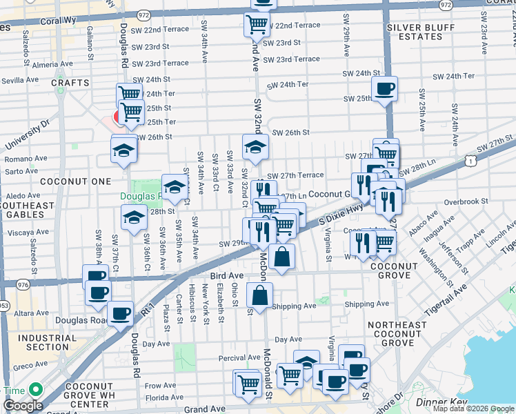 map of restaurants, bars, coffee shops, grocery stores, and more near 2805 Southwest 32nd Avenue in Miami