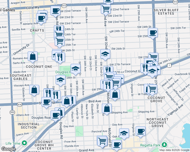 map of restaurants, bars, coffee shops, grocery stores, and more near 2820 Southwest 33rd Court in Miami