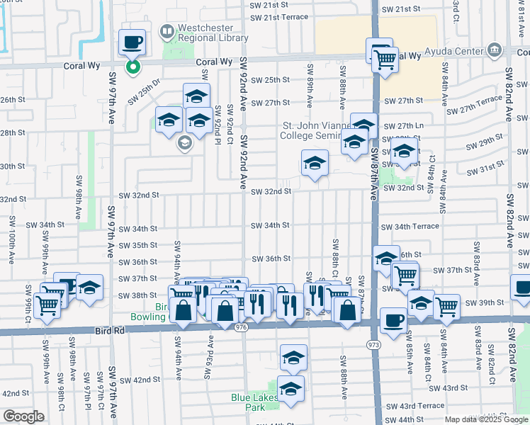map of restaurants, bars, coffee shops, grocery stores, and more near 9111 Southwest 34th Street in Miami