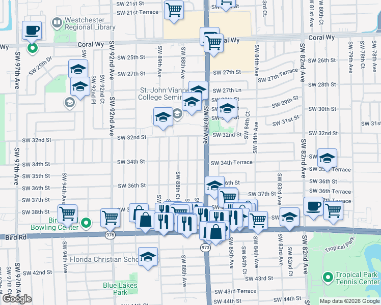 map of restaurants, bars, coffee shops, grocery stores, and more near 8761 Southwest 34th Street in Miami