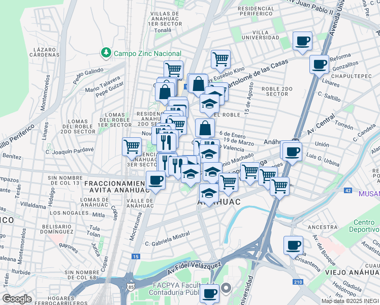 map of restaurants, bars, coffee shops, grocery stores, and more near 744 José Zorrilla in San Nicolás de los Garza