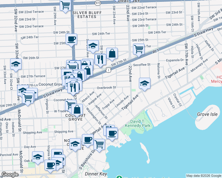 map of restaurants, bars, coffee shops, grocery stores, and more near 3024 Kirk Street in Miami