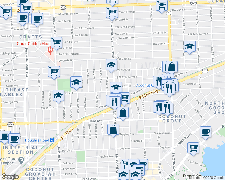 map of restaurants, bars, coffee shops, grocery stores, and more near 2805 Southwest 32nd Avenue in Miami
