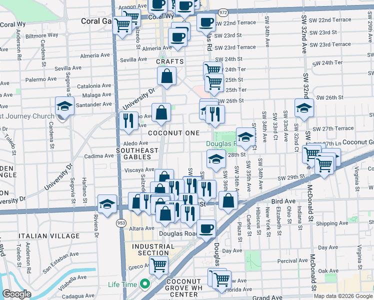 map of restaurants, bars, coffee shops, grocery stores, and more near 2819 Southwest 38th Avenue in Miami