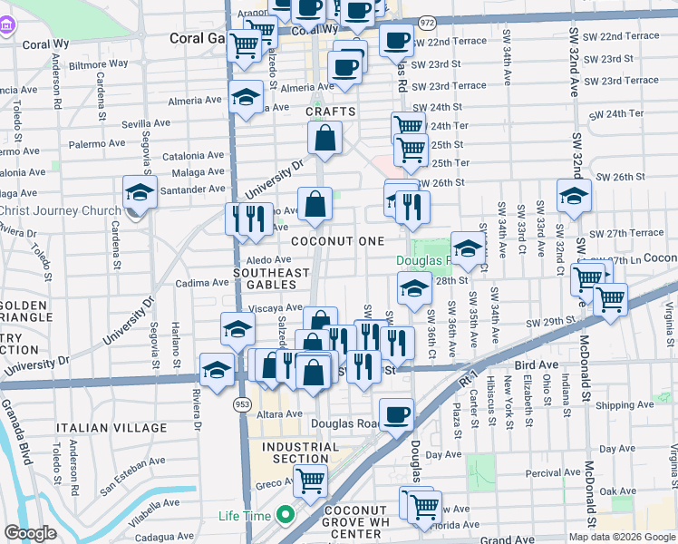 map of restaurants, bars, coffee shops, grocery stores, and more near 2812 Southwest 38th Court in Miami