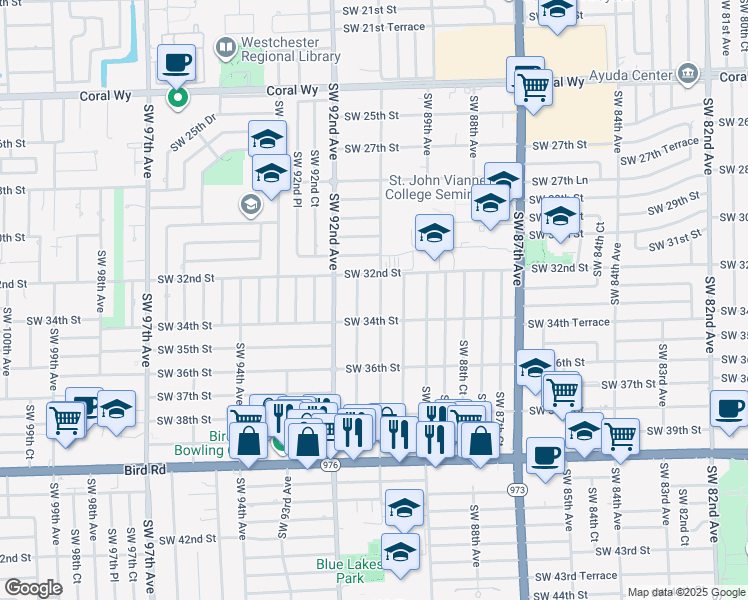 map of restaurants, bars, coffee shops, grocery stores, and more near 8991 Southwest 34th Street in Miami