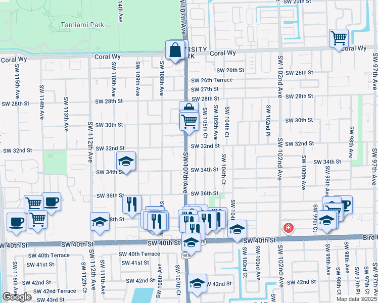 map of restaurants, bars, coffee shops, grocery stores, and more near 3310 Southwest 106th Avenue in Miami